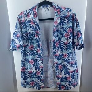 IZOD Saltwater Fisherman's Shirt Blue White Pink & Green Floral Design Men's S